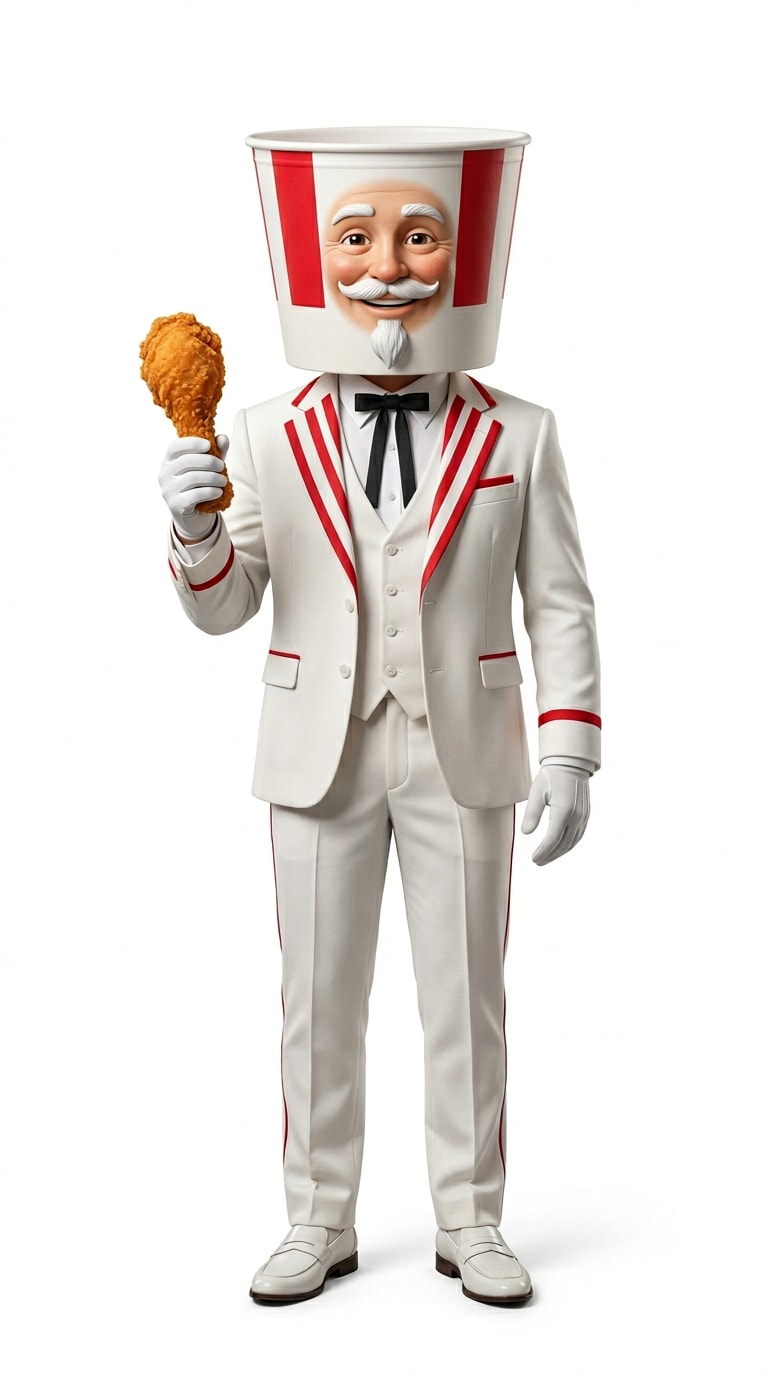 Humanoid KFC fried chicken bucket character for Zoolander AI meme