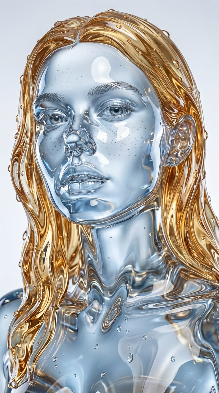 AI glass person with water droplets