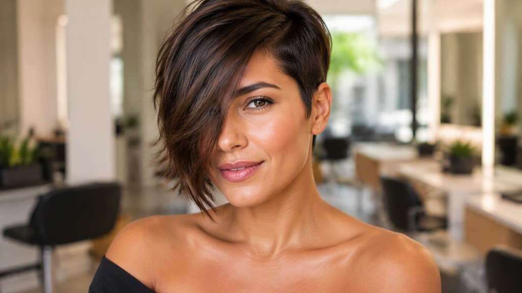 Asymmetric Side Fringe hair on an adult model, showing longer diagonal fringe over one brow with a short even opposite side, no added l