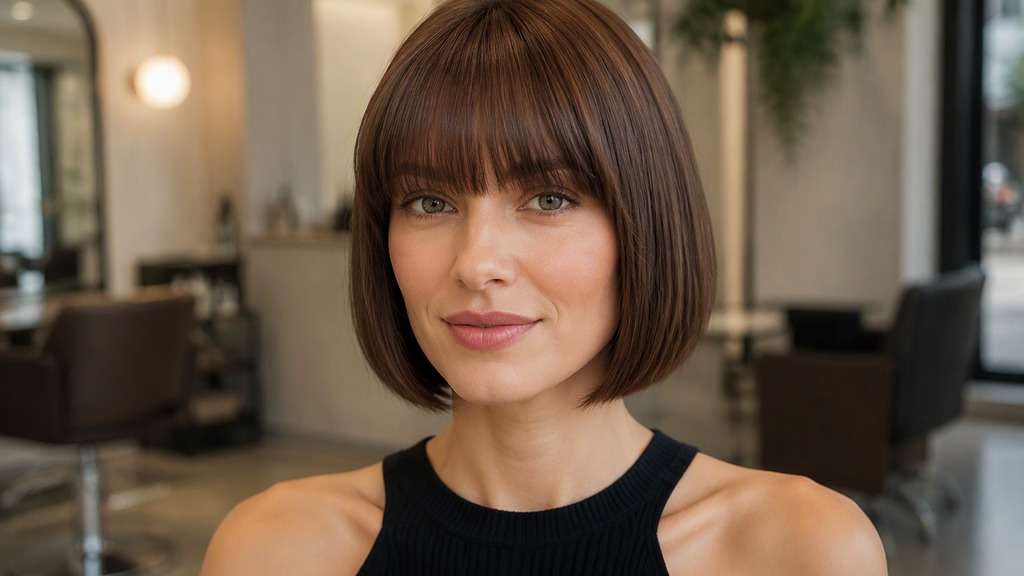 Blunt Brow-Length Bangs hair on an adult model, showing dense straight fringe skimming eyebrows while preserving existing blunt bob peri
