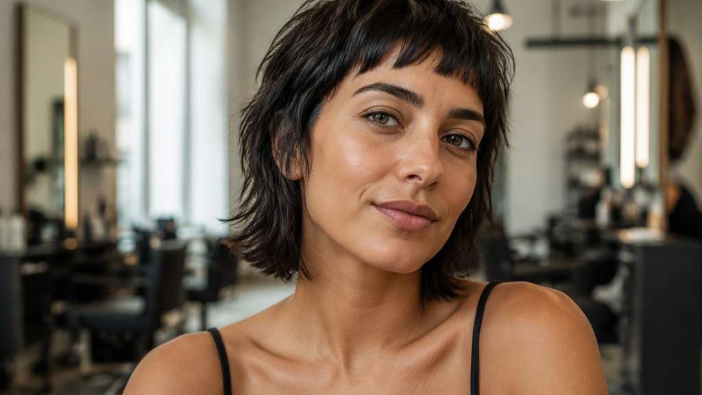 Choppy Baby Bangs hair on an adult model, showing irregular little fringe tips high on forehead, natural jagged texture and short 