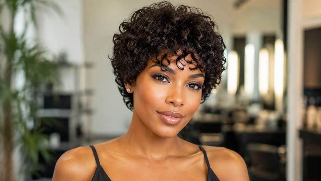 Curly Short-Hair Fringe hair on an adult model, showing defined small curls across upper forehead, same existing curly short hairstyle.