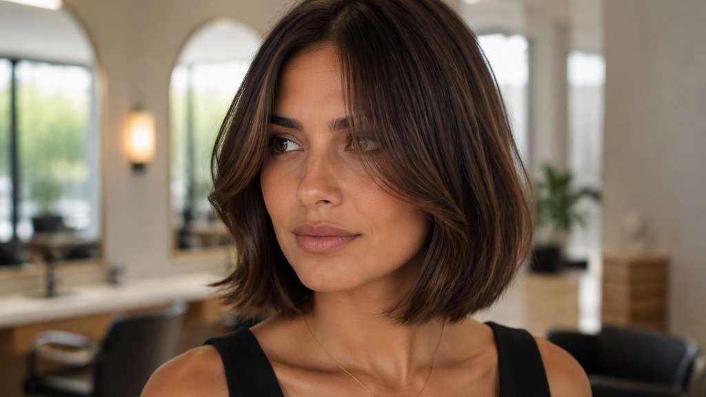 Curtain Bangs on Short Hair hair on an adult model, showing center-parted eyebrow-to-cheek pieces softly opening around face over unchanged 