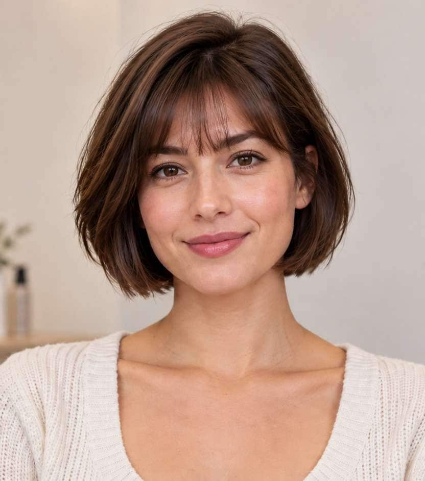 After hairstyle portrait for add bangs to short hair: short chin-level bob with new soft wispy bangs only at forehead