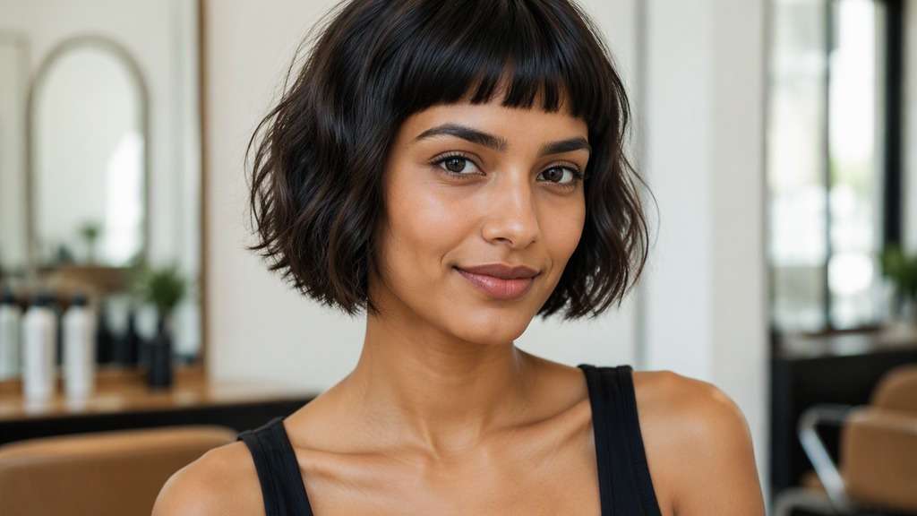 Micro Bangs on a French Bob hair on an adult model, showing short forehead fringe ending clearly above eyebrows paired with original short b