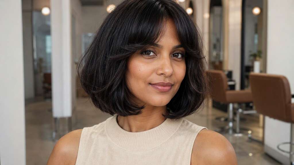Rounded Retro Short Fringe hair on an adult model, showing slight inward-curved retro fringe with bob sides preserved and natural volume.
