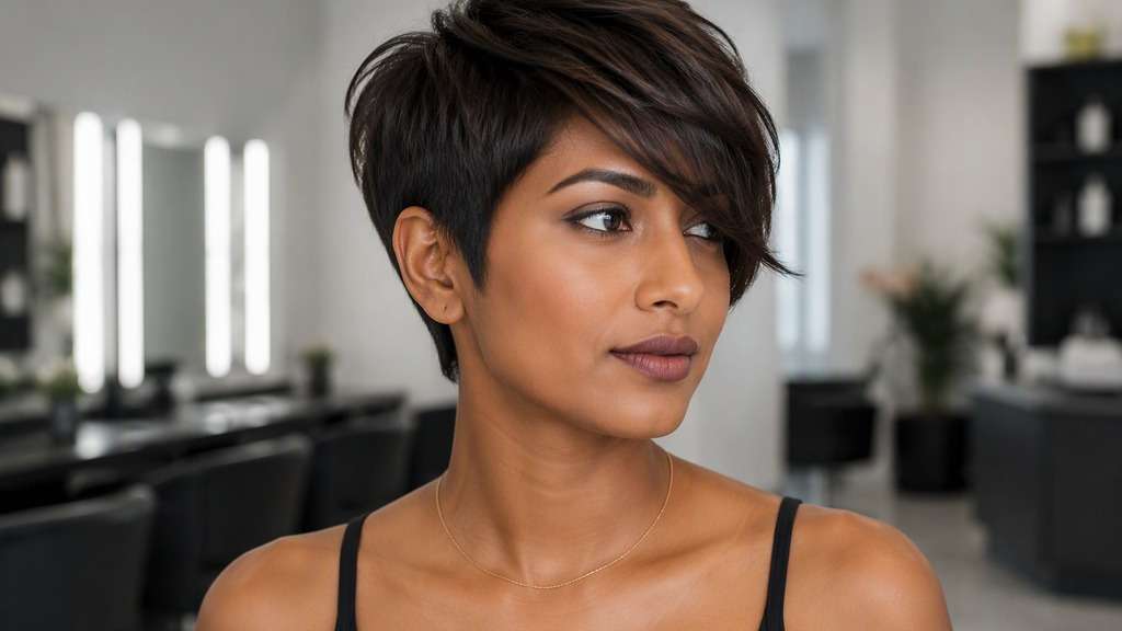 Side-Swept Pixie Fringe hair on an adult model, showing short pixie retained with longer side-swept hair diagonally crossing forehead.