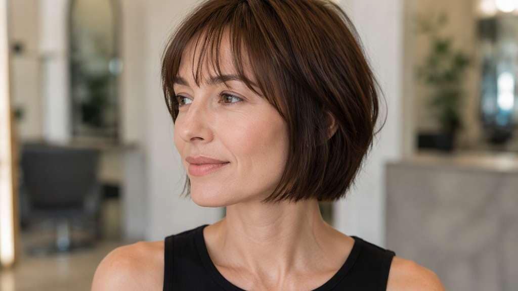 Soft Korean Air Bangs hair on an adult model, showing very light see-through fringe with spaced strands above eyebrows and short natur
