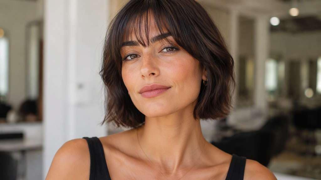 Wispy Bangs on a Bob hair on an adult model, showing thin separated eyebrow-skimming bangs over existing chin-level short bob, forehe