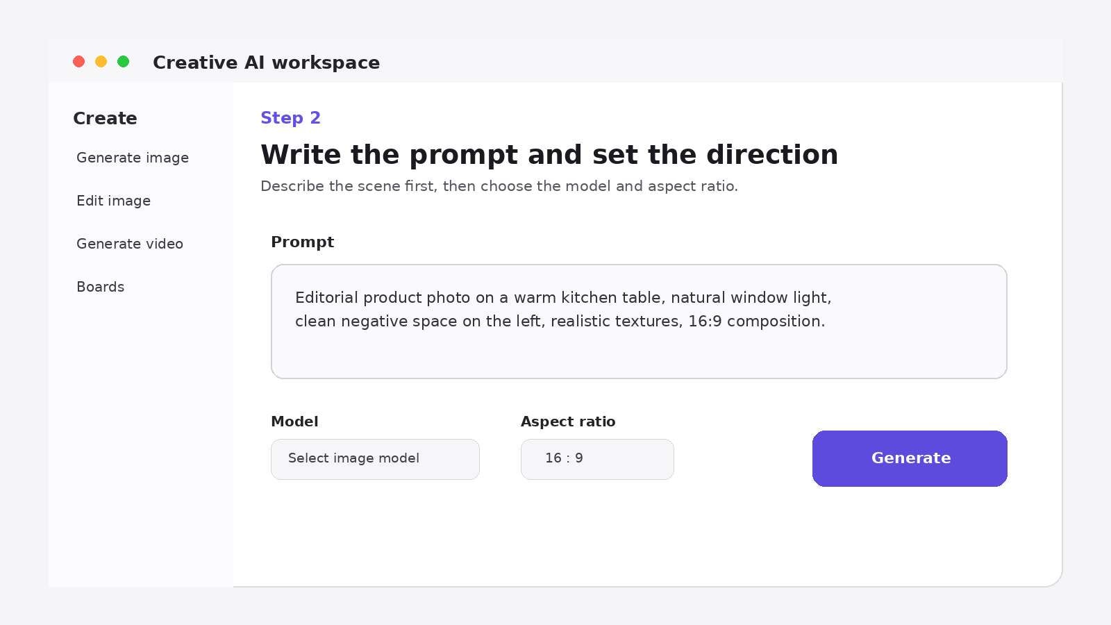 Adobe Firefly workflow step 2: Write the prompt and set the generation direction