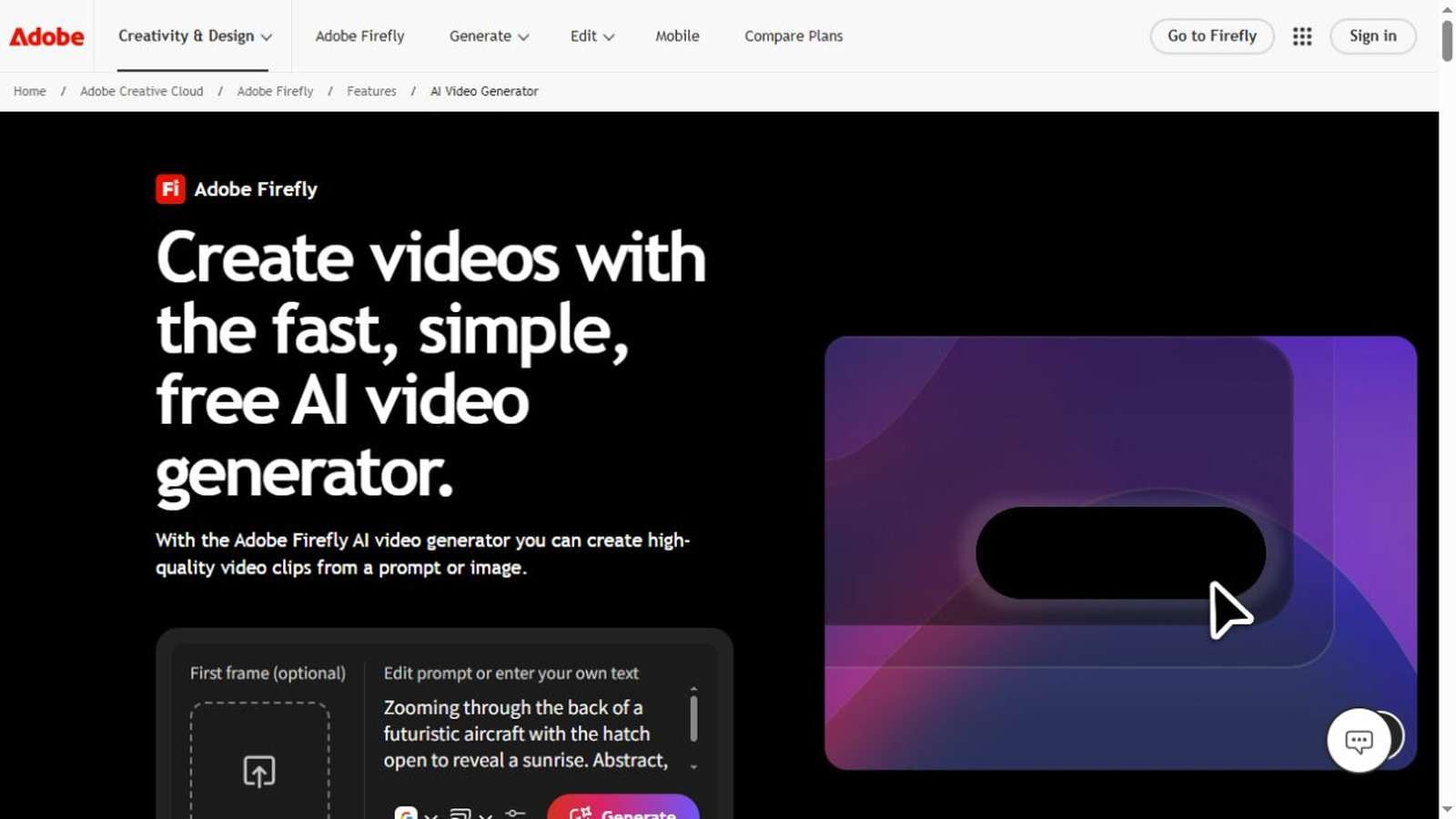 Adobe Firefly AI video generator English interface with first-frame upload and prompt controls