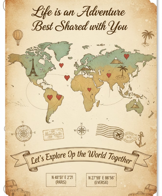 Adventure Together World Map Valentines Card Girlfriend Travel Love