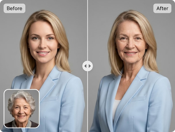 before and after image showing AI age face swap on portrait photo