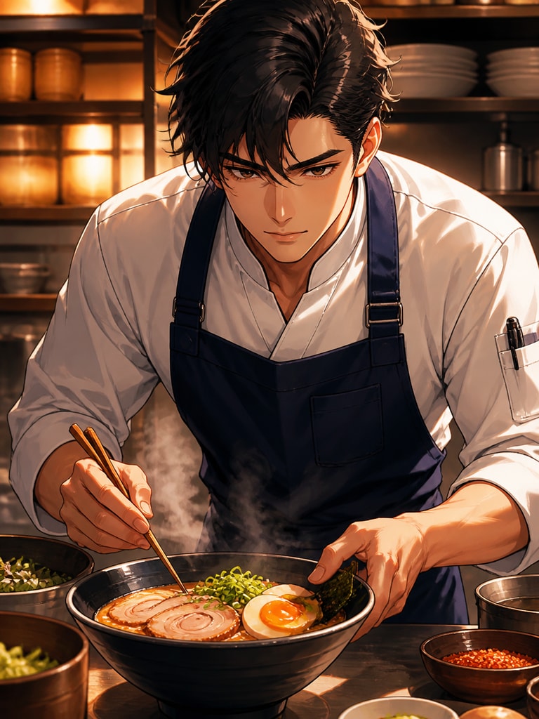 Adult anime chef OC in a ramen shop, focused expression, navy apron, and steam rising from a finished bowl