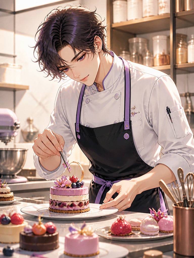 Adult anime pastry chef character with pastel accents, plated desserts, and a refined studio kitchen backdrop