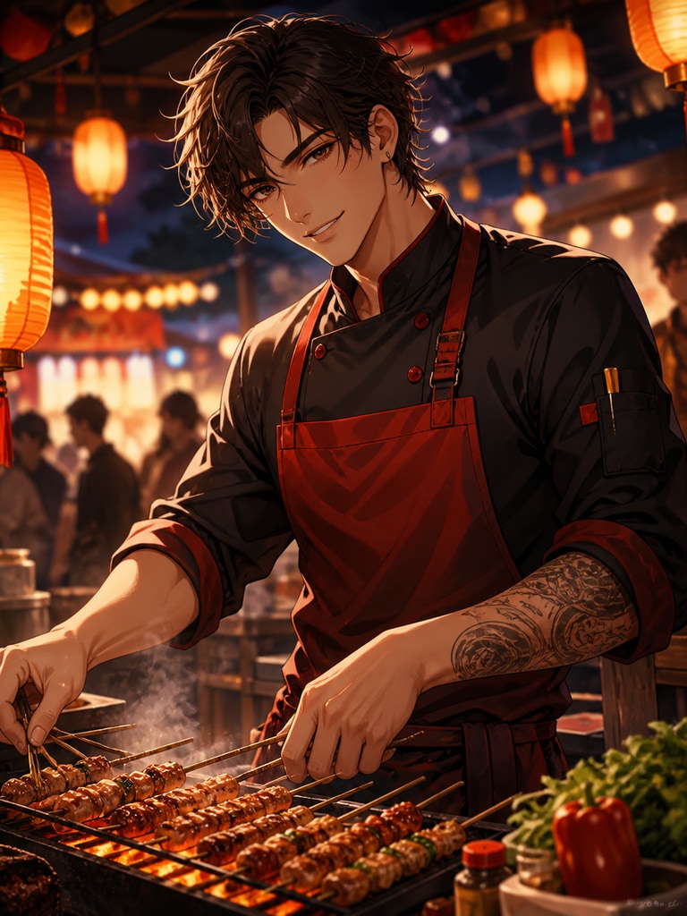 Adult anime chef OC at a lively night market stall, cooking skewers under warm lantern light