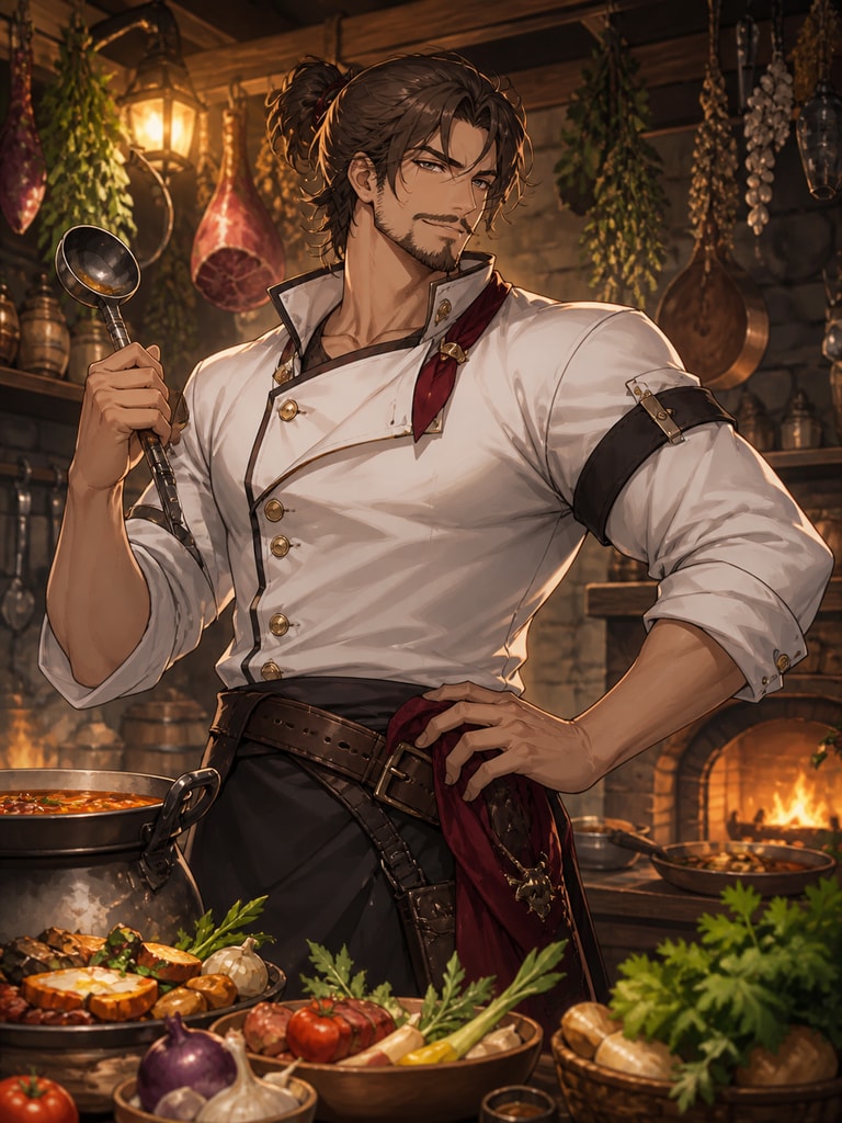 Adult anime chef character in a fantasy tavern kitchen, rustic tools, herb bundles, and a confident stance