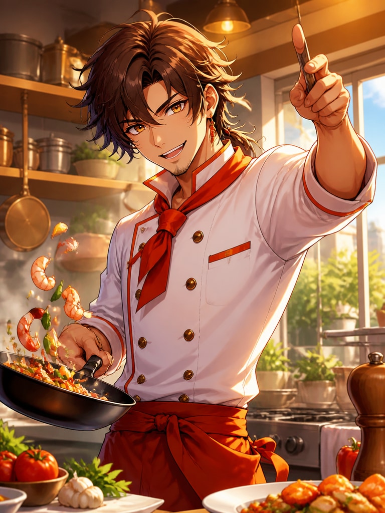 Adult anime chef mascot character for a cooking game, bright colors, clean pose, and energetic expression