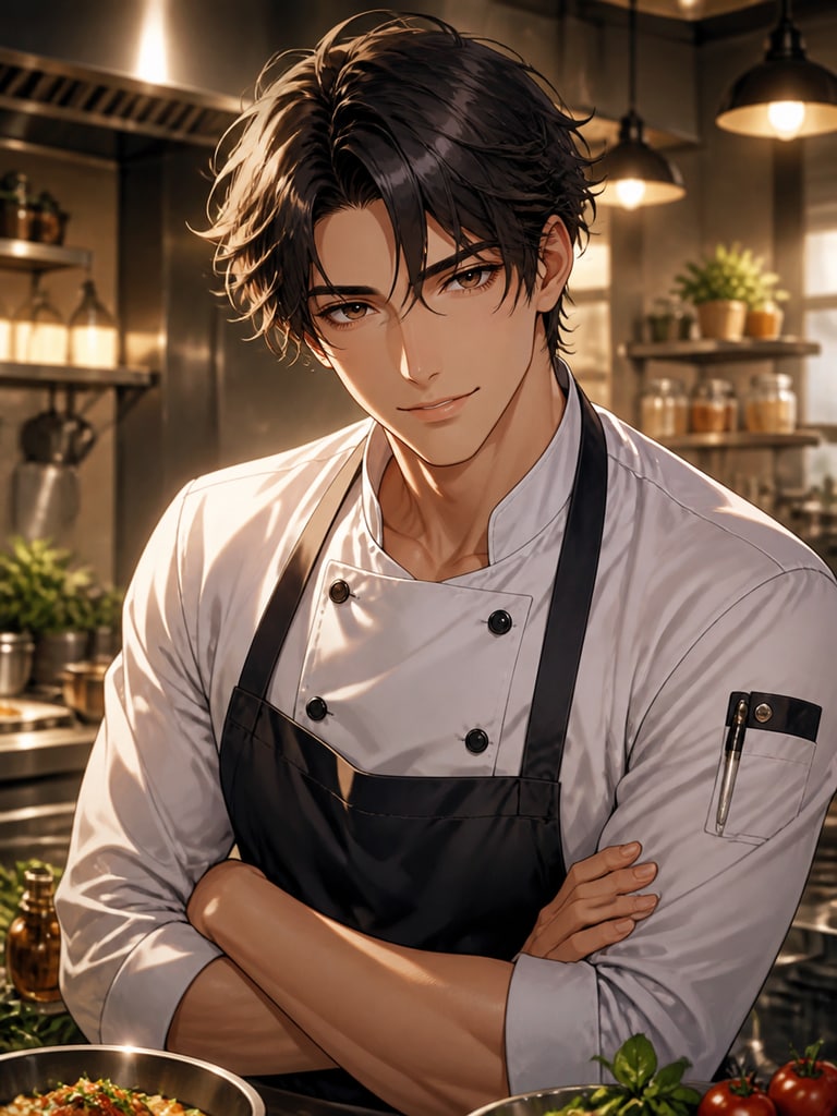 Adult anime chef OC portrait for a social profile, stylish jacket, kitchen background, and polished anime detail