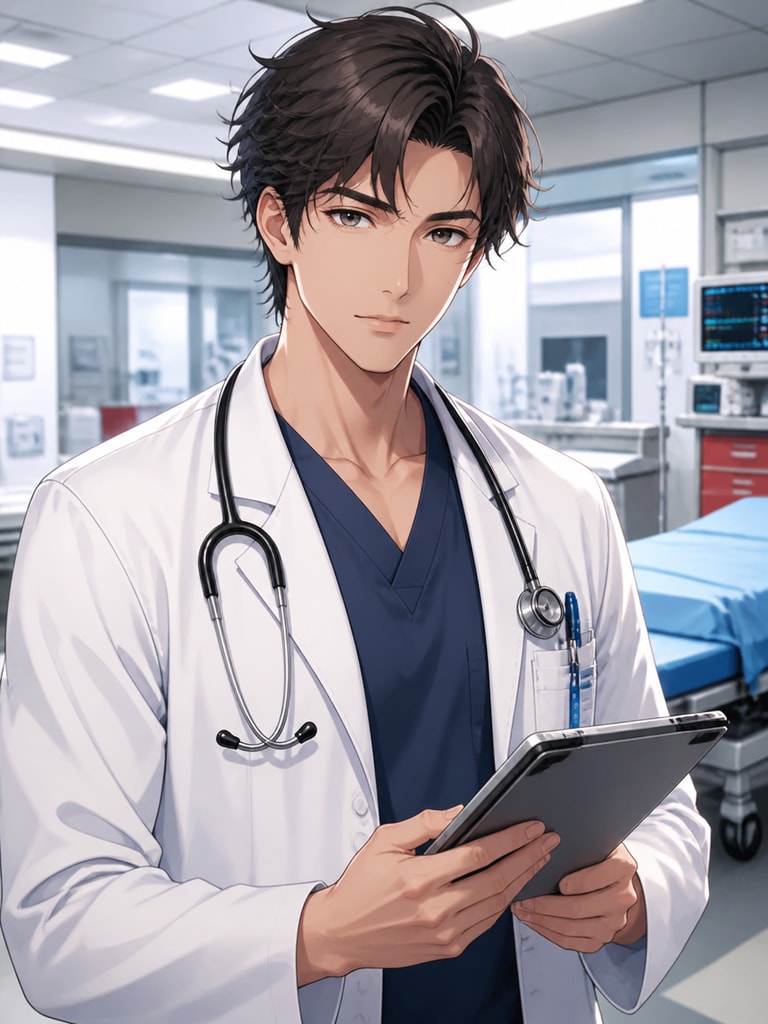 Adult anime doctor OC wearing a white coat and stethoscope in an emergency room portrait with focused eyes and bright hospital lighting