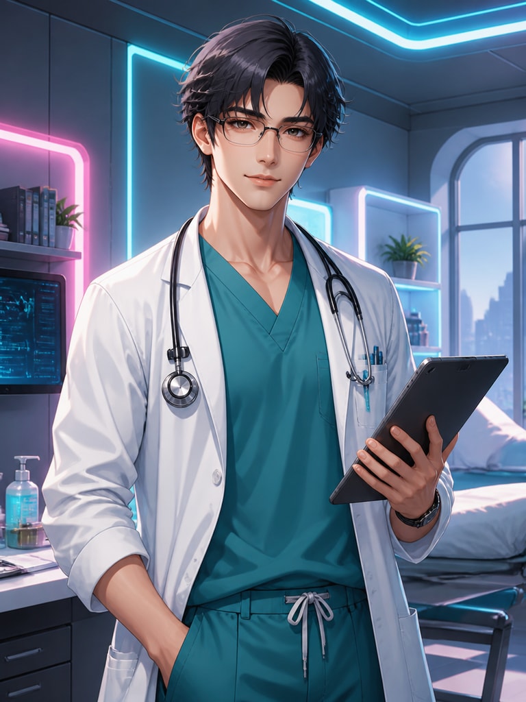 Fictional anime medical character in a modern clinic with neon accents, teal scrubs, and a confident upright pose