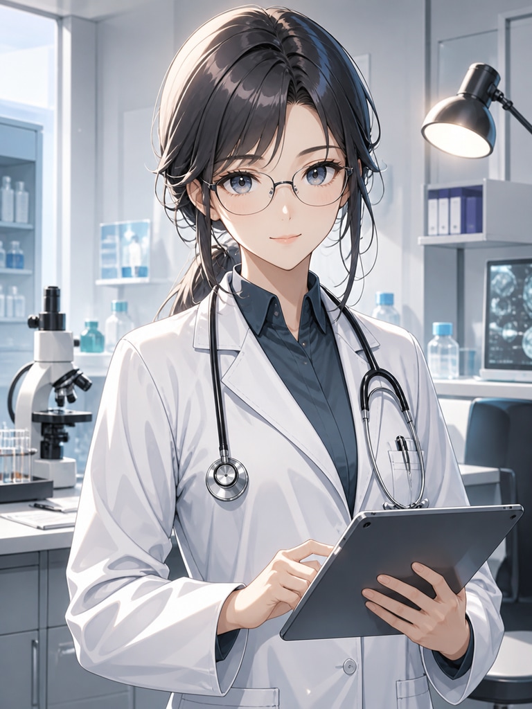Original anime scientist-doctor character with glasses, tablet, and lab coat in a sterile research room portrait