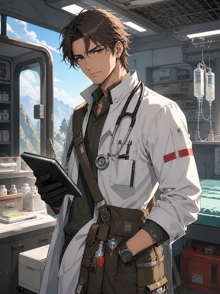 Adult anime medic OC in a practical coat and utility bag, standing in a mobile clinic scene with a determined expression