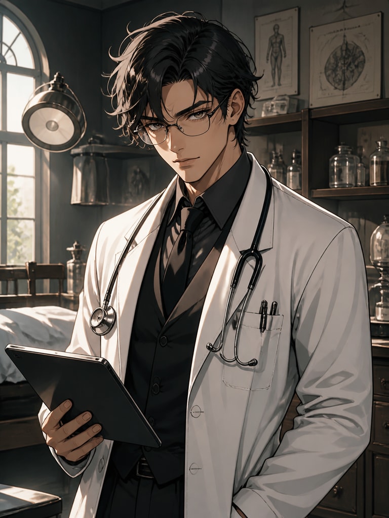 Stylized anime surgeon character inspired by classic manga aesthetics, sharp linework, dark coat, and dramatic clinic backdrop