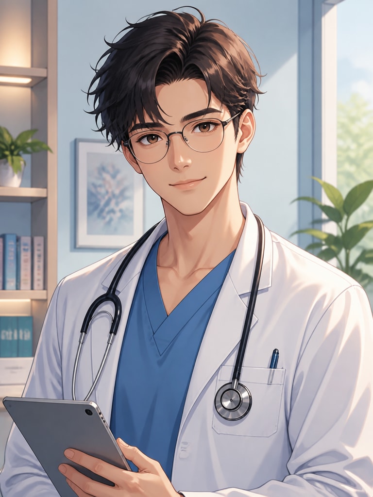 Friendly anime doctor avatar for social profile use, clean pastel palette, subtle smile, and polished portrait composition