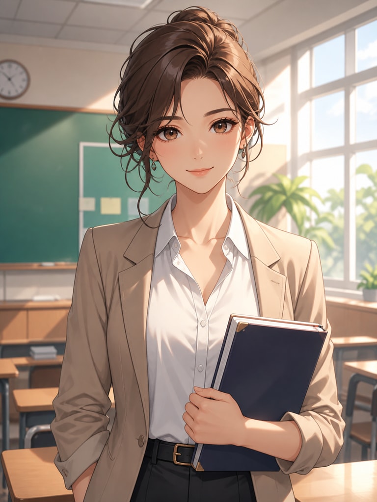 Original anime homeroom teacher with a calm smile, smart blazer, and classroom background