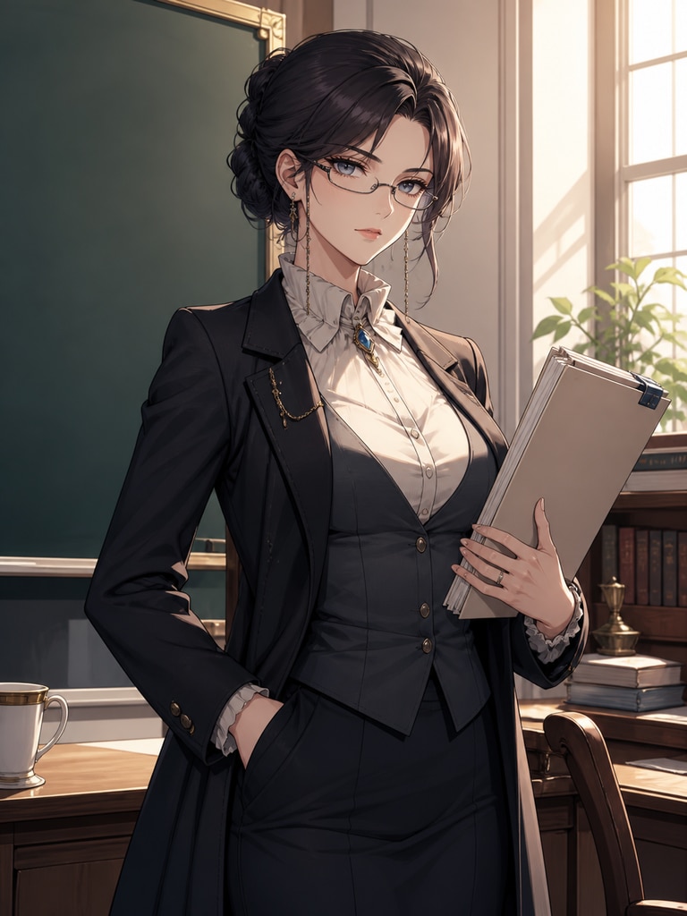 Adult anime literature teacher holding notes beside a chalkboard in a refined school setting