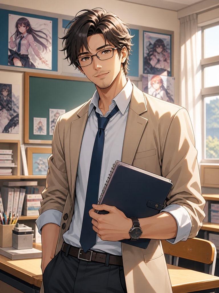Fictional anime club advisor in a relaxed blazer and tie, designed for school story scenes