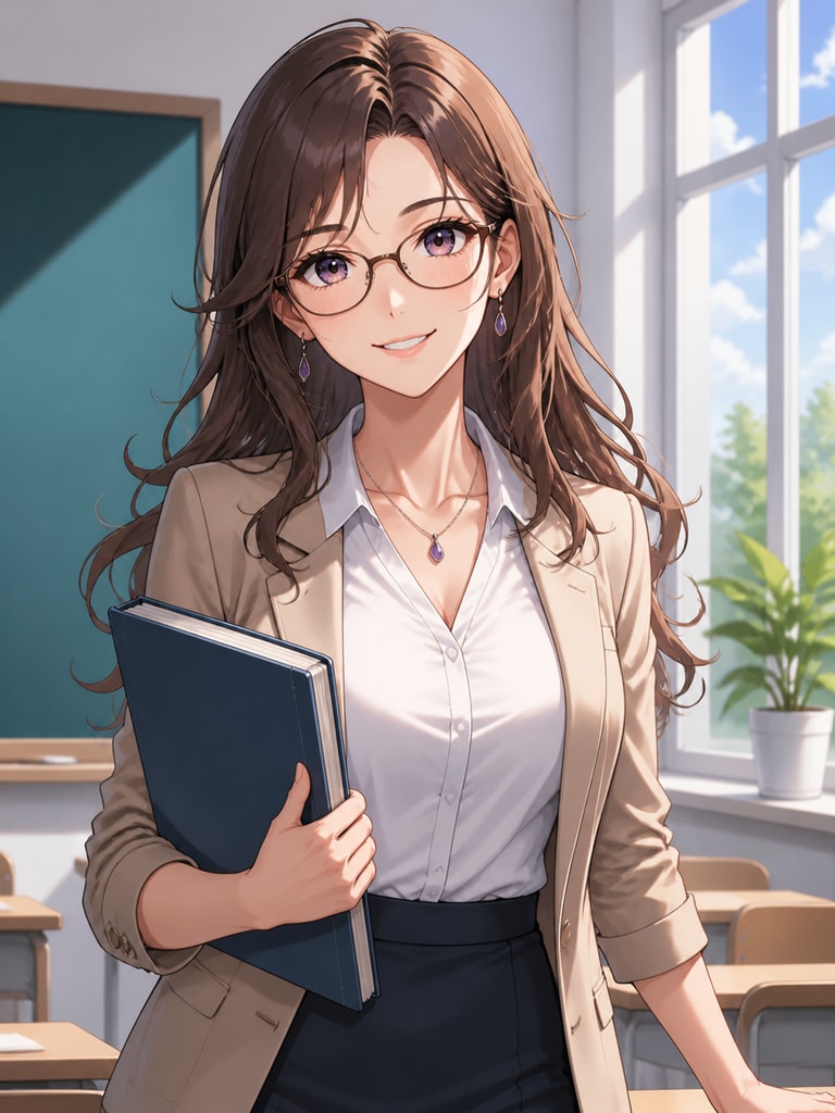 Anime teacher-style tutor avatar with an approachable expression and clean portrait composition