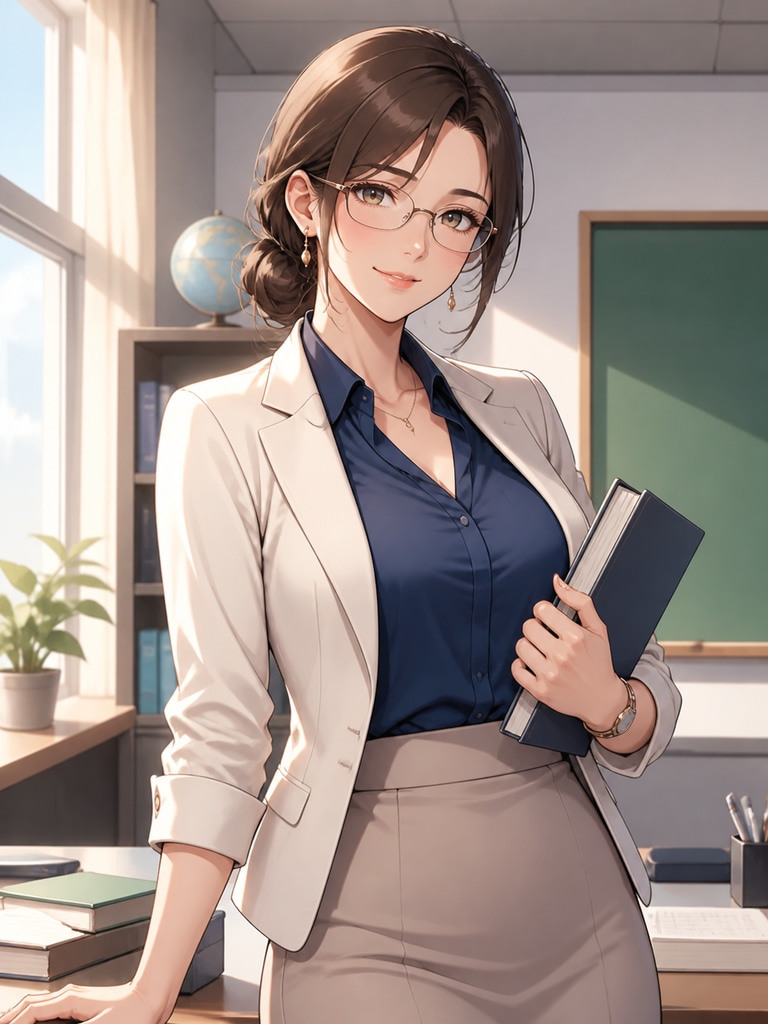 Original visual novel teacher character with subtle authority, soft lighting, and school office details