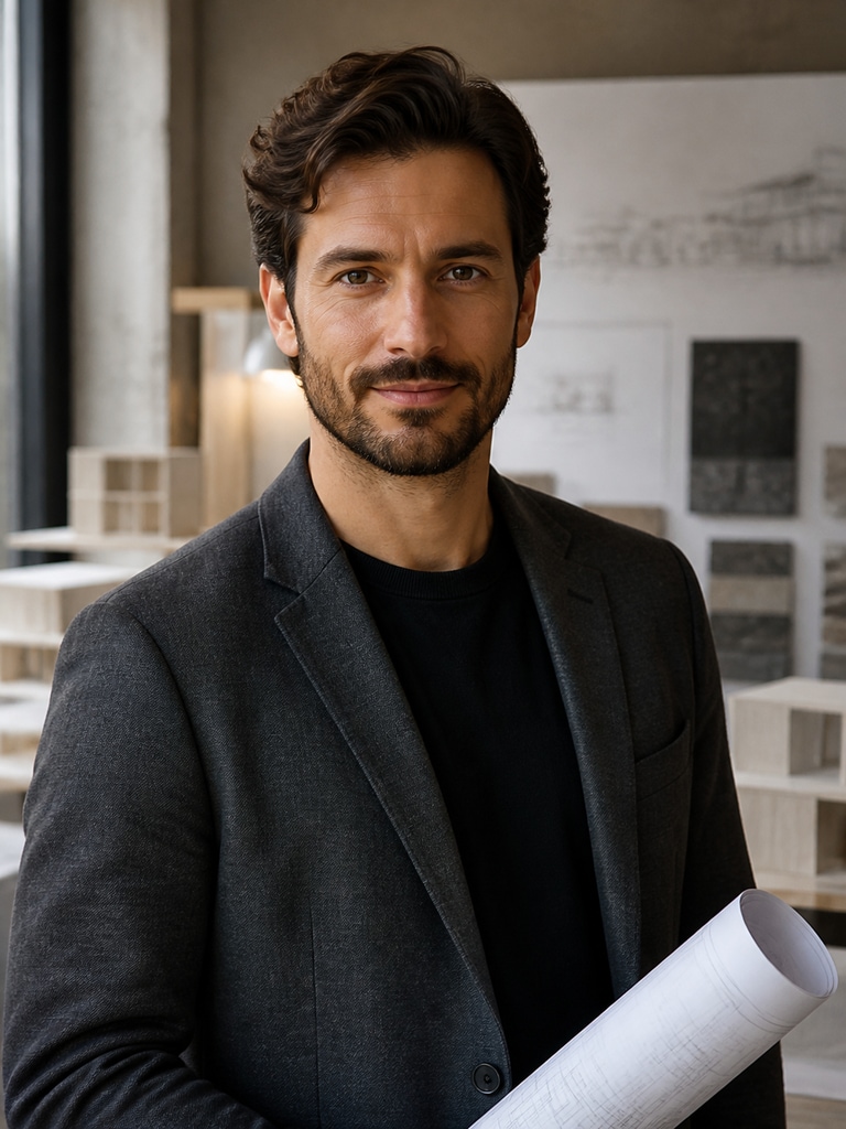 Architect founder portrait for a boutique design studio bio