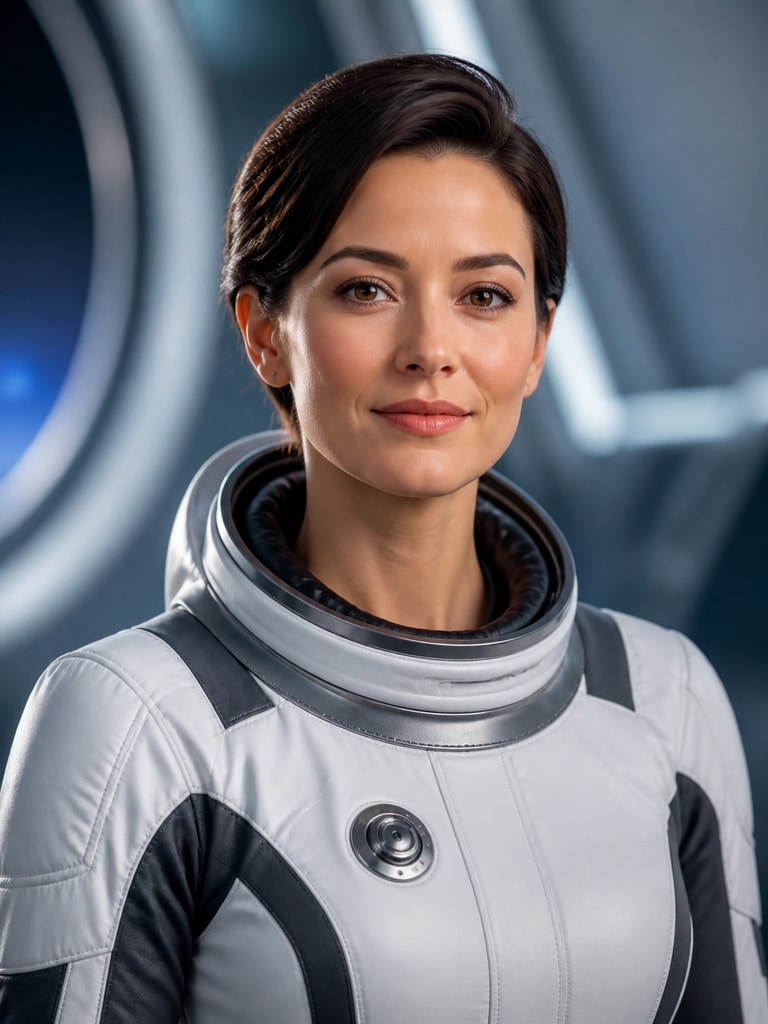 AI astronaut headshot of an adult spokesperson in a sleek space suit for corporate bio and media kit use