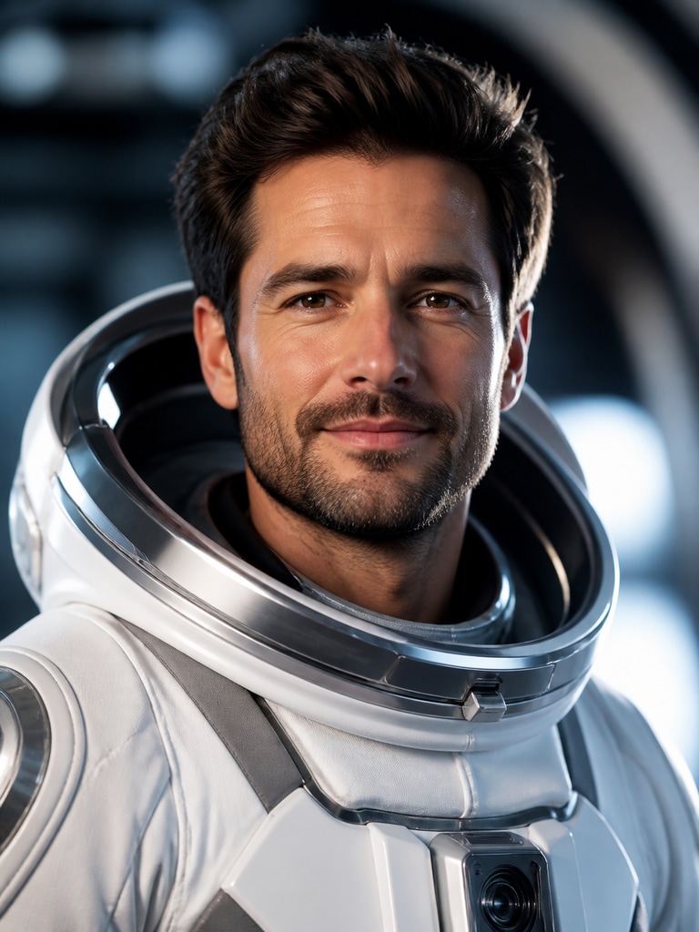 AI astronaut profile portrait of an adult startup founder with modern lighting and a polished helmet design