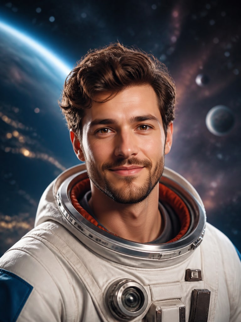 AI astronaut social avatar of an adult creator with friendly expression and cinematic space-inspired background