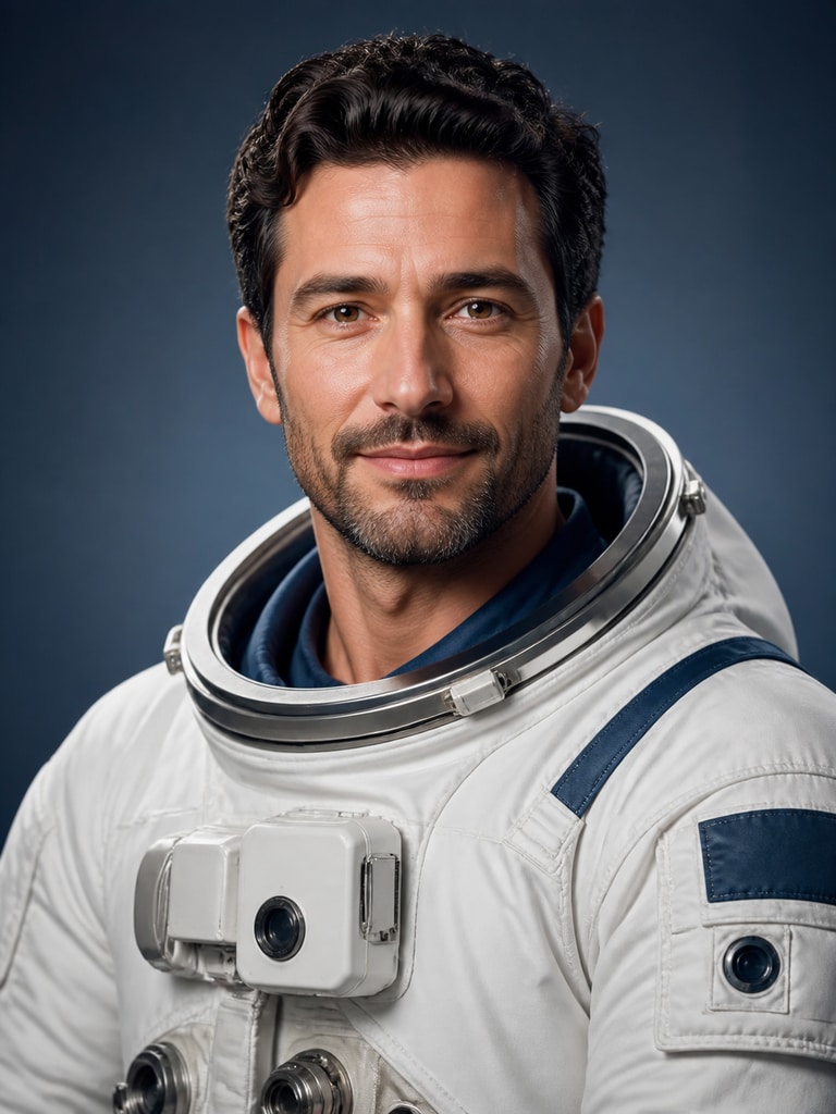 AI astronaut headshot for an adult keynote speaker with premium portrait lighting and professional framing