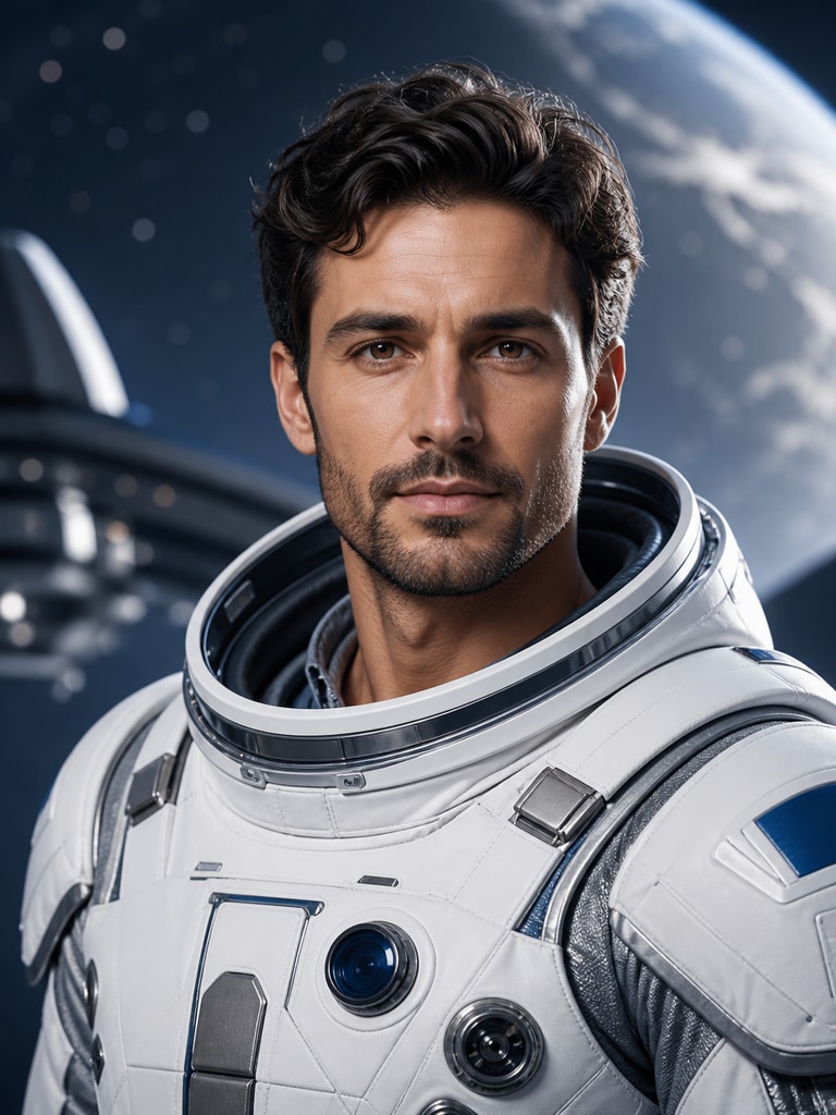 AI astronaut campaign portrait of an adult character with sharp suit details and a brand-friendly futuristic look