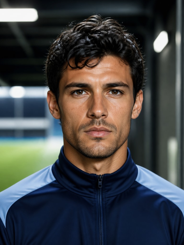 Adult soccer player headshot in a 3:4 portrait with a focused expression and neutral sports background