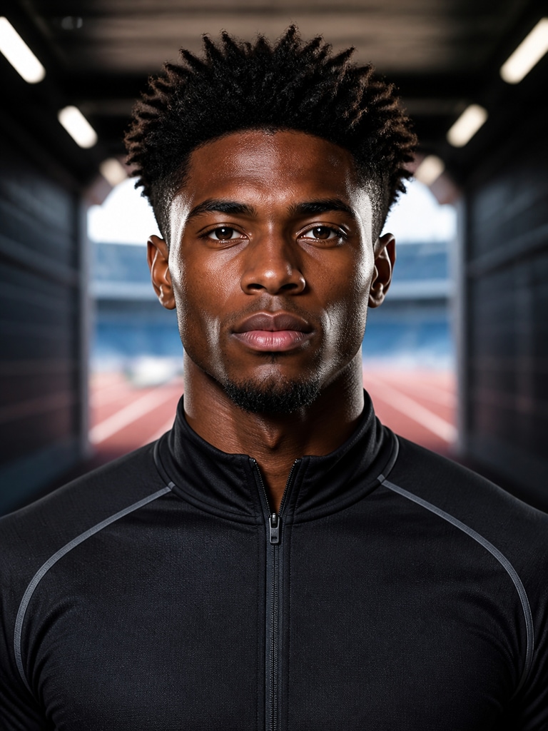 Adult track athlete headshot in a 3:4 portrait with a sleek performance look and subtle motion energy