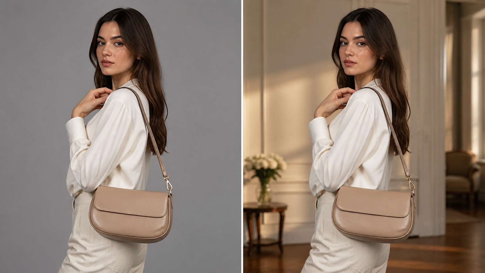 Before and after ecommerce portrait with background replaced while face clothing product and shadows are preserved