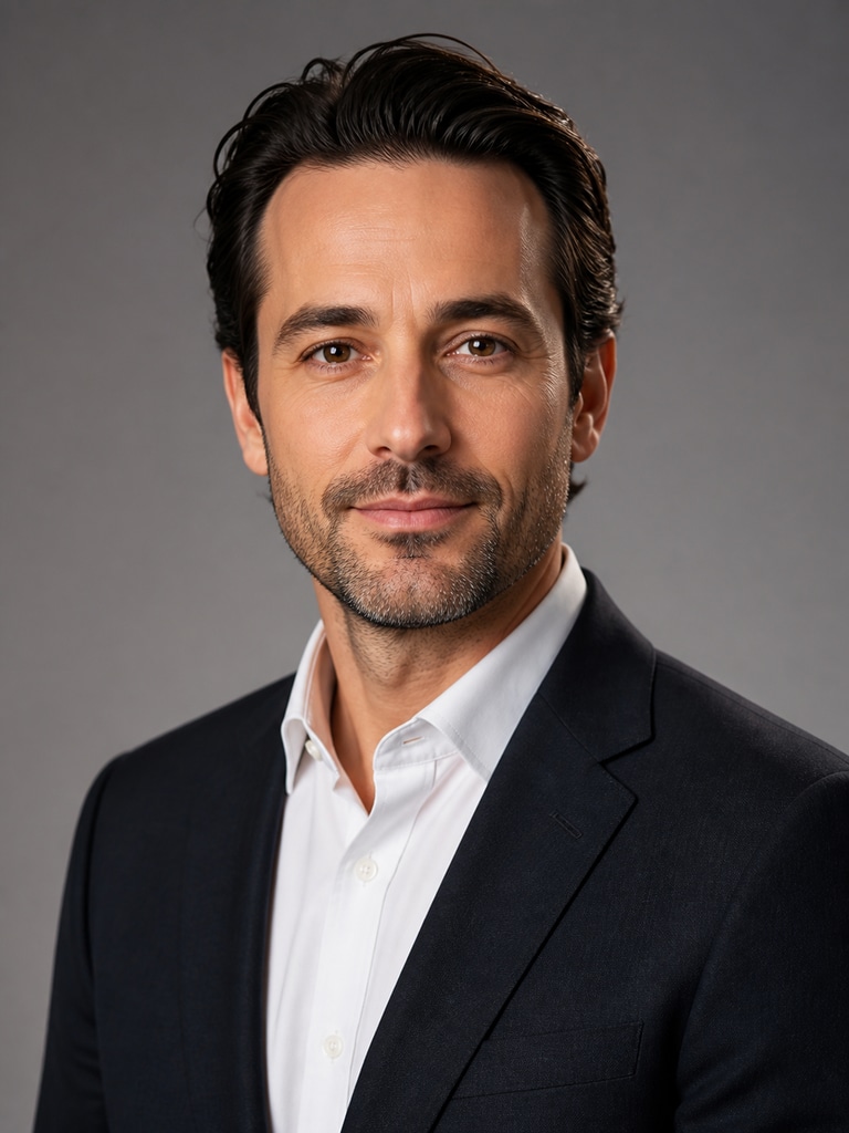 AI founder bio headshot with tailored blazer, neutral studio background, and confident executive expression