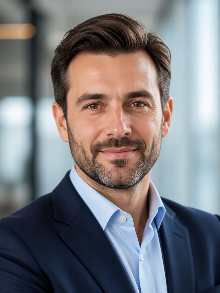 AI leadership portrait for LinkedIn with clean lighting, business attire, and profile-ready framing