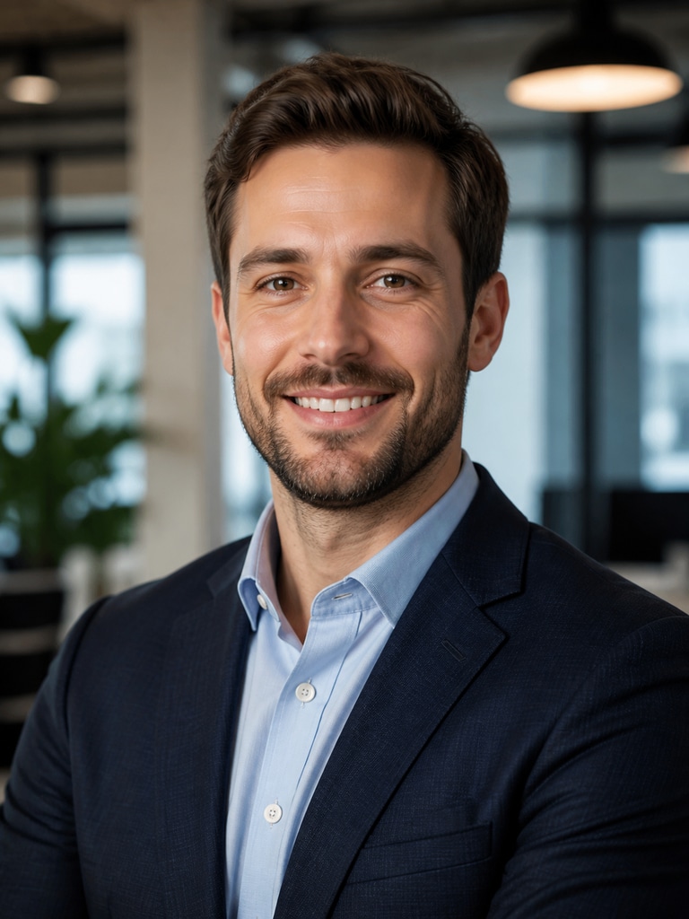 AI startup executive headshot designed for team pages with approachable smile and modern office backdrop