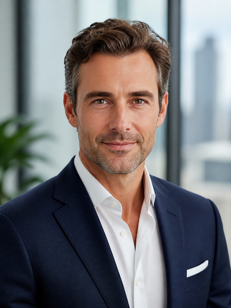 AI CEO profile visual for investor presentations with premium suit styling and crisp professional look