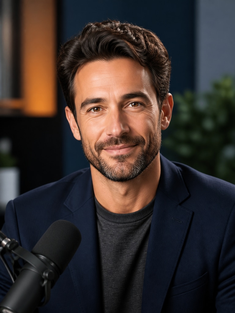 AI business avatar for podcast guest branding with smart-casual executive wardrobe and warm expression