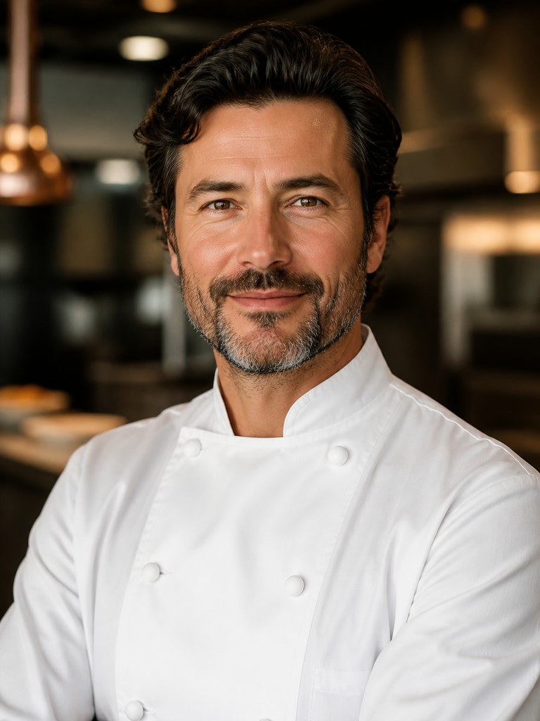 Professional AI headshot of an adult executive chef in a white jacket for a fine dining restaurant bio page
