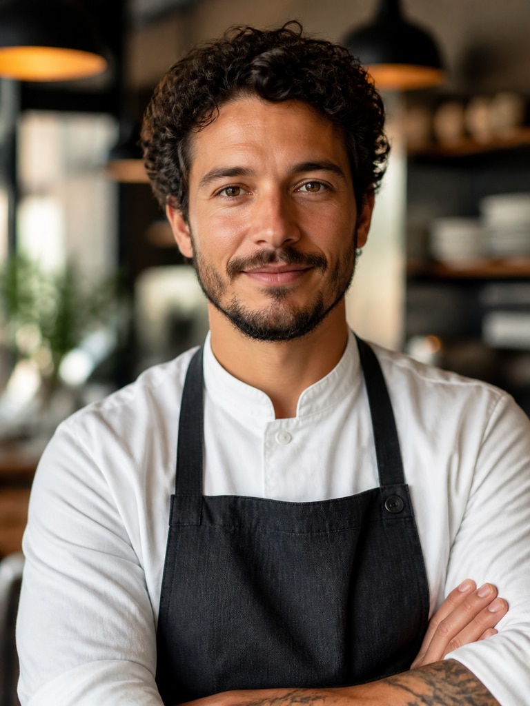 Friendly AI chef portrait of an adult bistro chef in a dark apron for menu introductions and restaurant websites